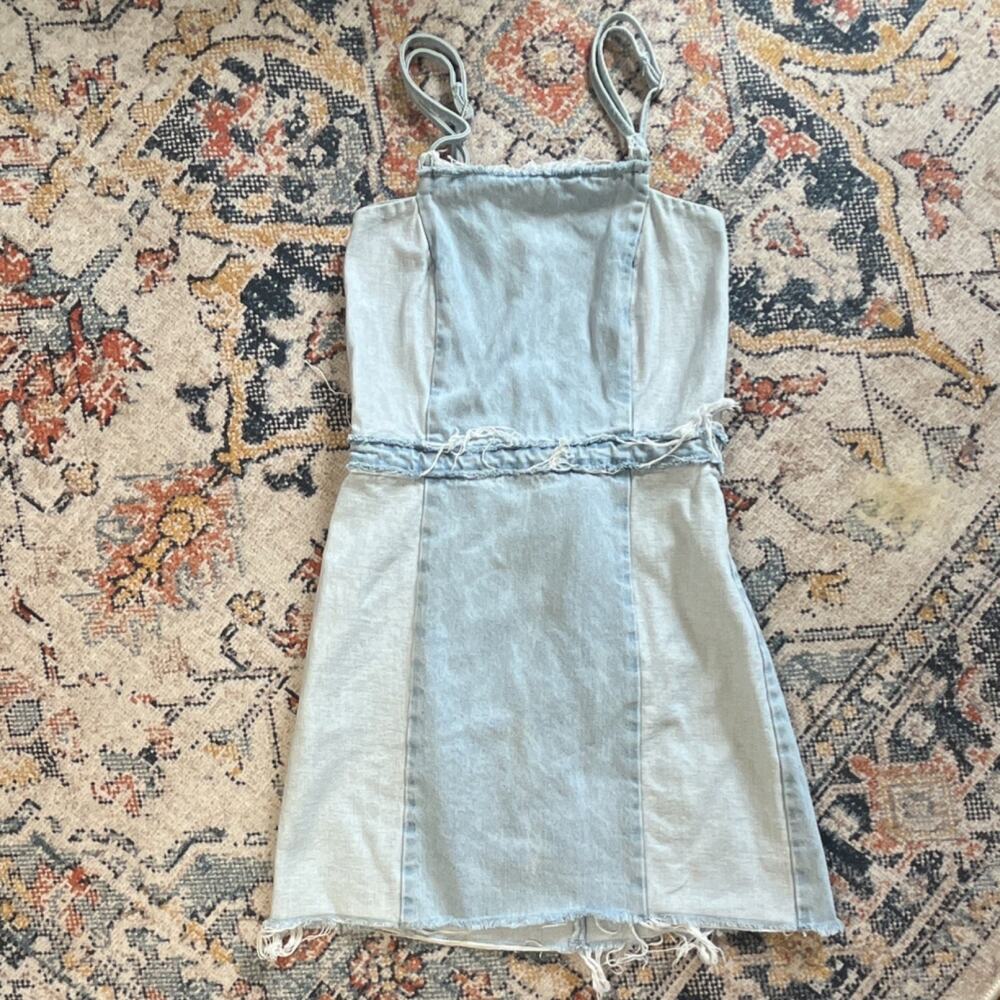 TRF ixd Makers Blue Denim Mini Apron Dress S Square Neck Strappy Sleeveless Zip